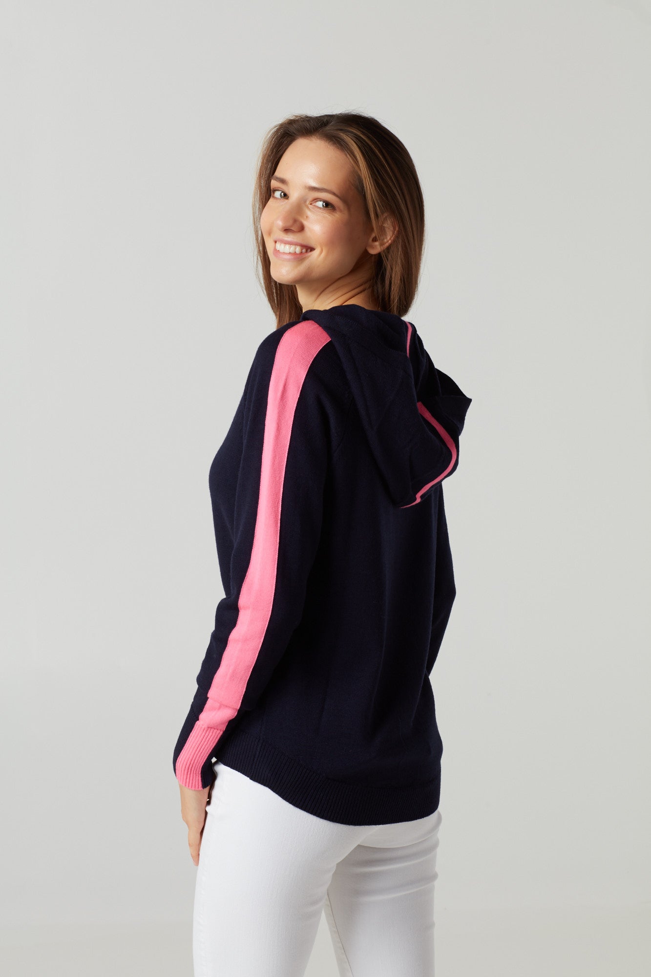 Ladies striped hoodie jumper in navy & bright pink