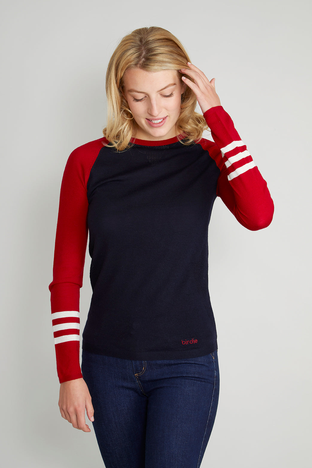 Under-Birdie base layer in navy, red & soft white