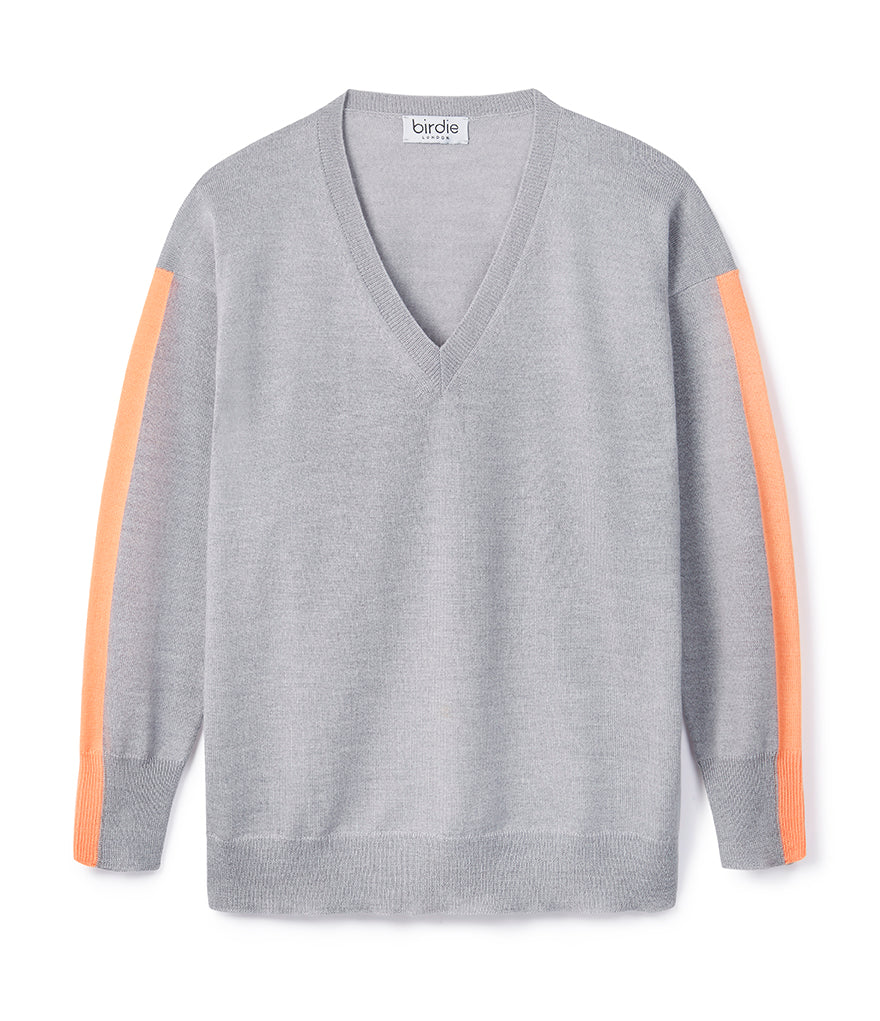 Ladies V Neck in mid grey & tangerine