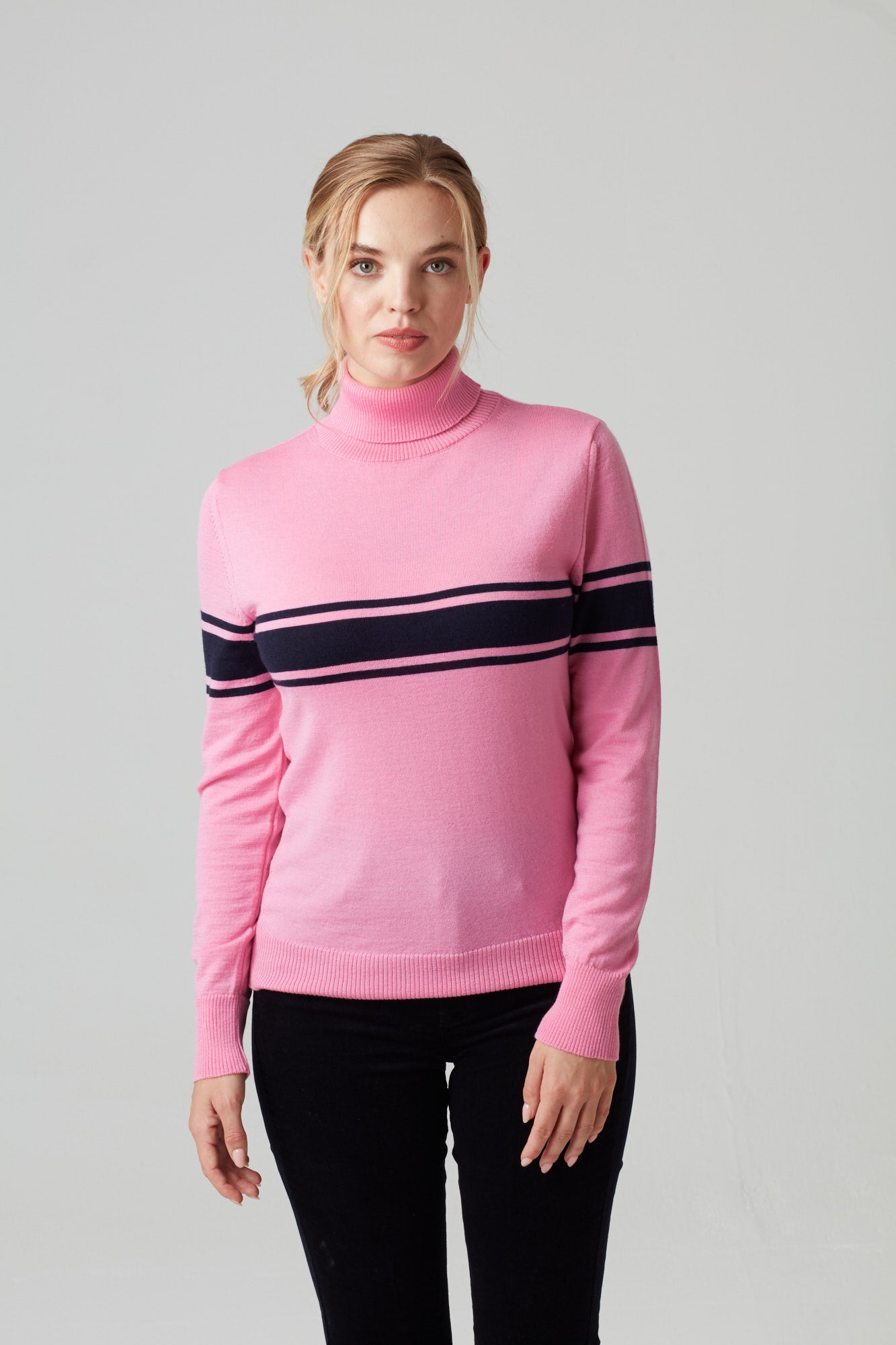 Roll neck in bright pink & dark navy
