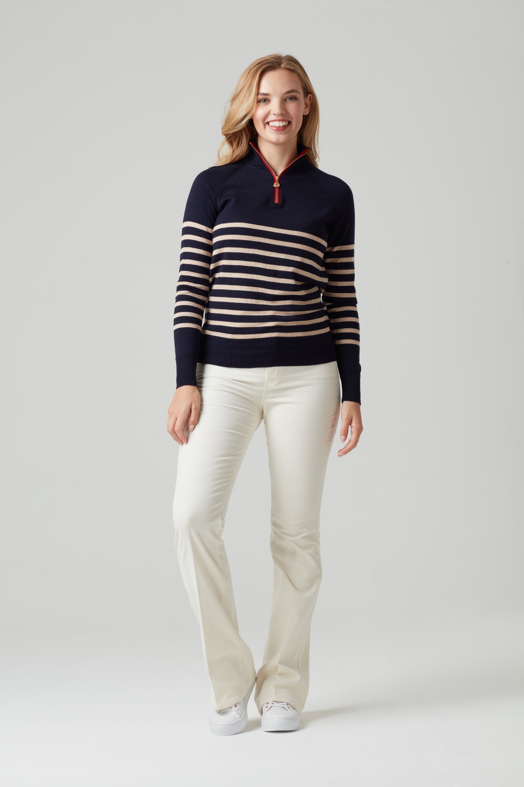 Birdie 9 Breton zip jumper in Navy, Soft Beige & Red
