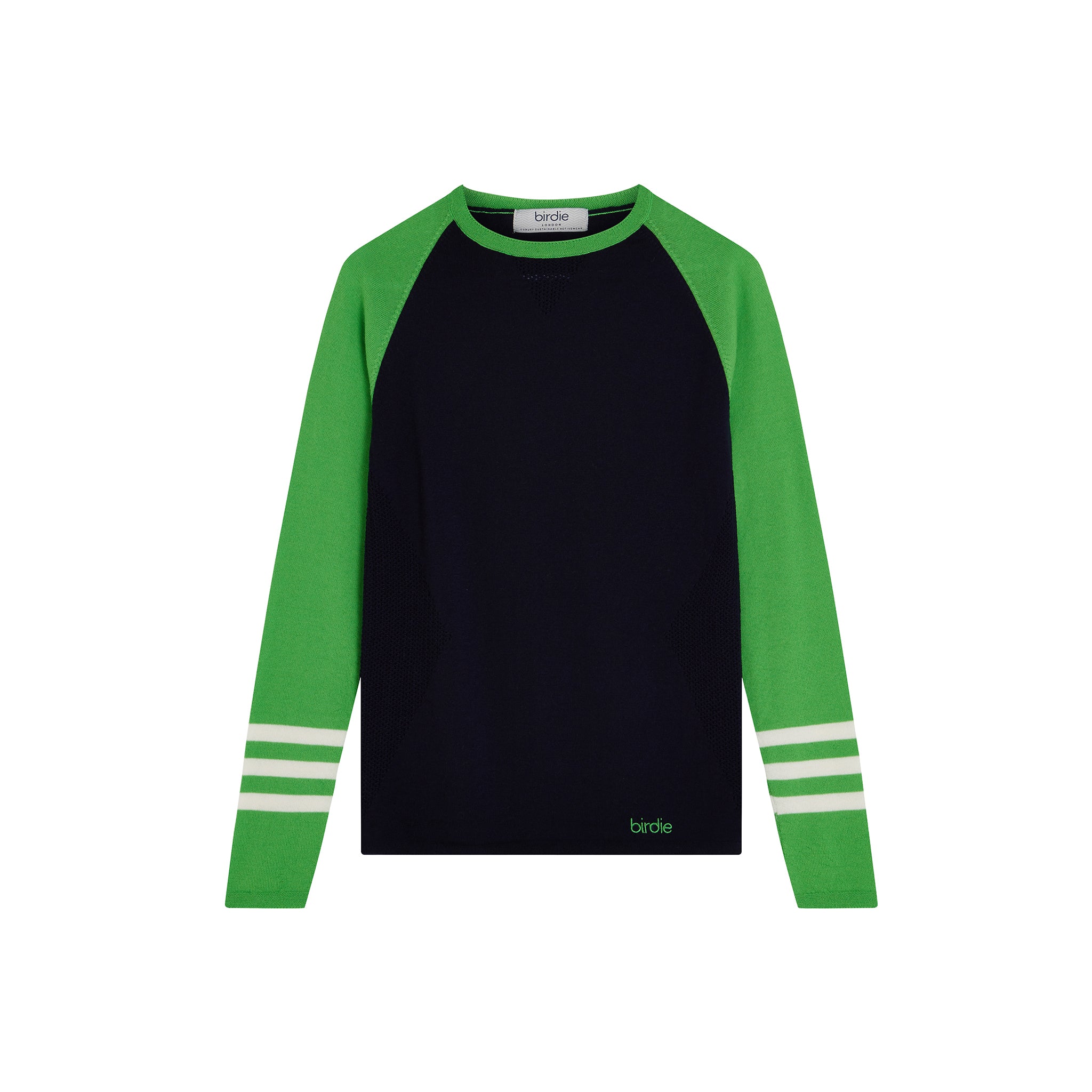 Under-Birdie base layer in navy, bright green & pale cream