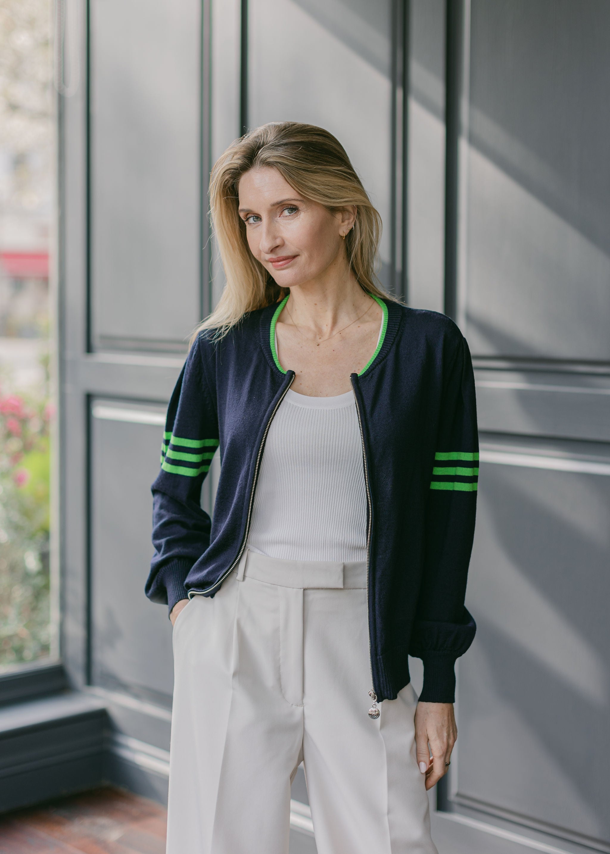 Birdie Ladies Bomber Navy Blue & Apple Green