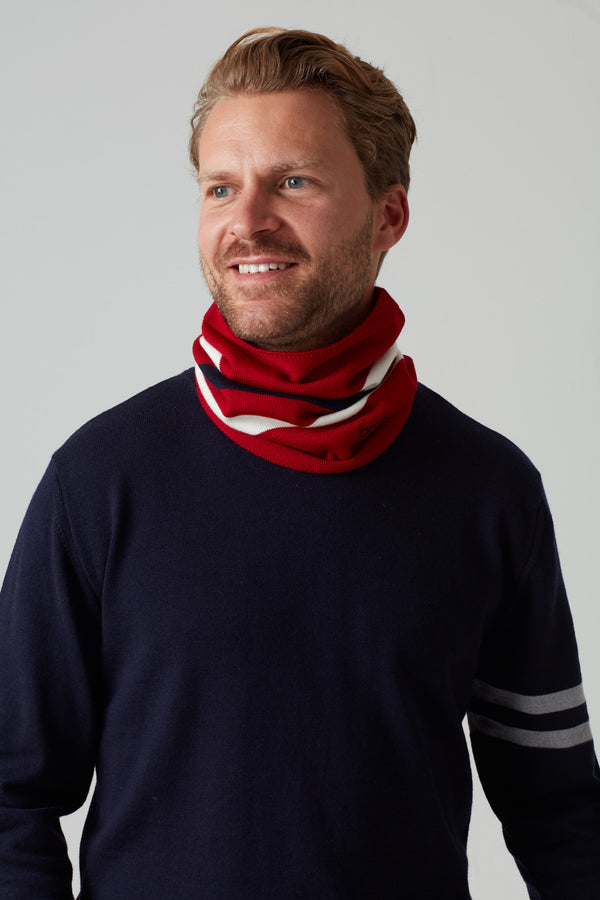 Snood in red, navy & cream